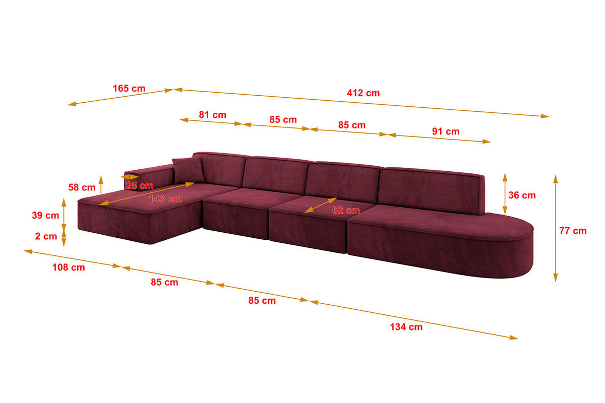 ECKSOFA Ottomane Links IREA-L3-v4 - 412x165x77 cm Bordeauxrot - Bordeaux, Holzwerkstoff/Textil (412/165cm) - ALTDECOR
