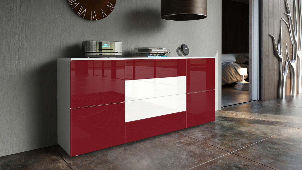 SIDEBOARD Rova Bordeaux Hochglanz / Weiß Hochglanz - Bordeaux, Holzwerkstoff (166/72/35cm) - Vladon