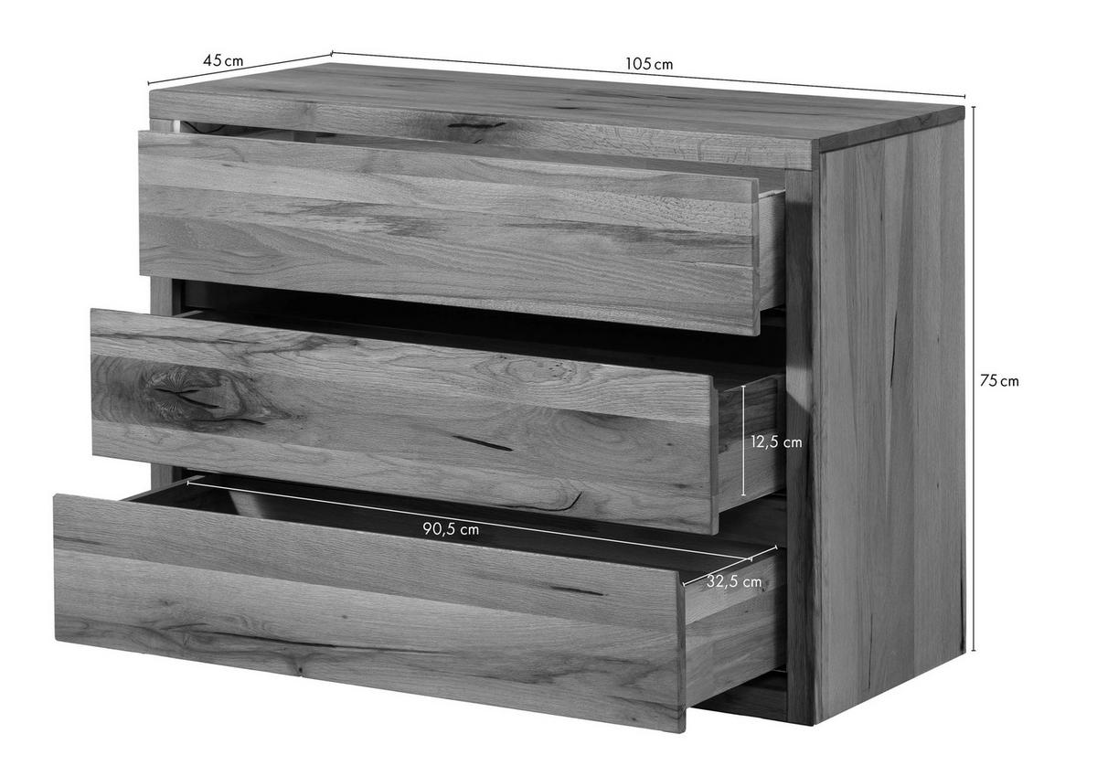 KOMMODE Wild-/Zerreiche 105x45x75 natur geölt MONTREUX LUX #133 - Braun, Holz (105/75/45cm) - Massivmoebel24
