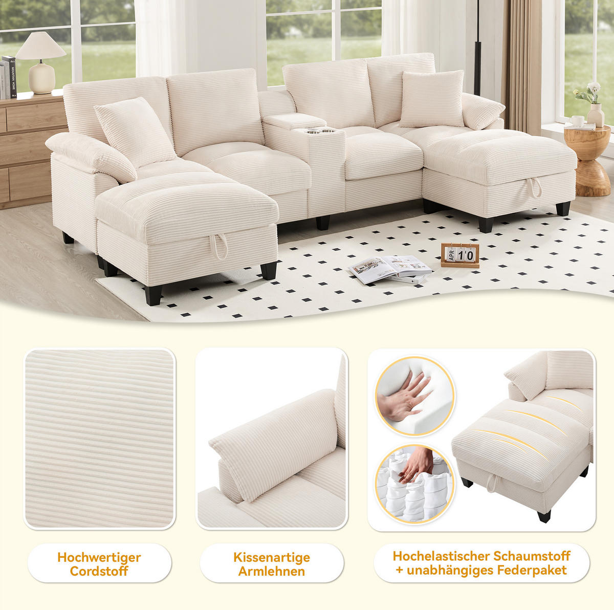 U-FORM Wohnlandschaft Cord mit Stauraum und USB-Anschluss 293/142/93 cm Beige - Beige, Kunststoff/Textil (93/293/142cm) - Redom