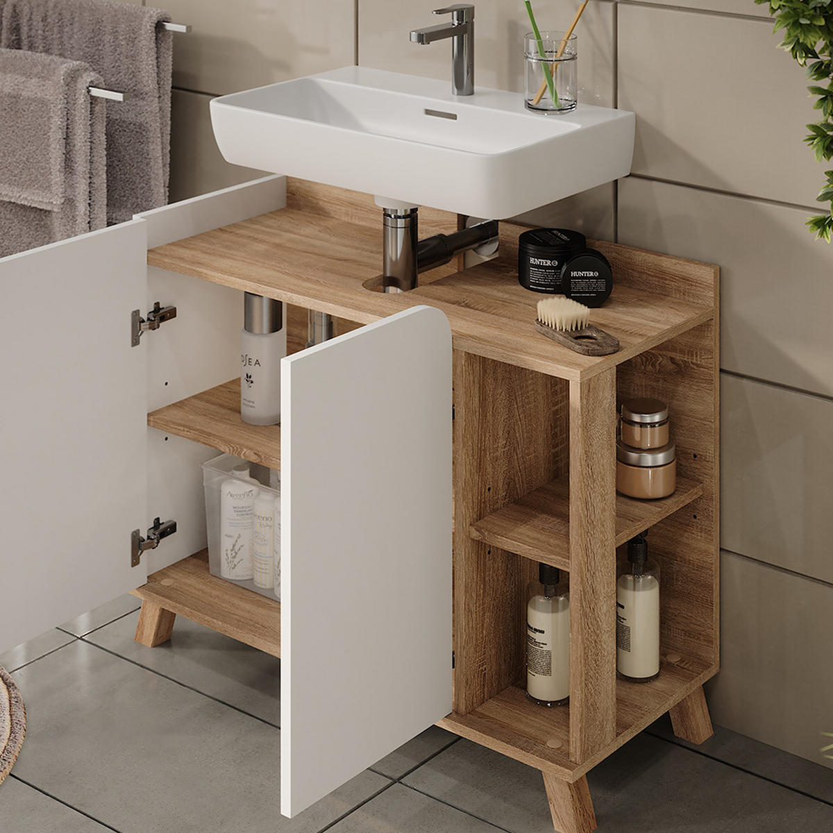 BADMÖBEL-SET Karen Sonoma/Weiß 3 Teile - Weiß/Sonoma Eiche, Holzwerkstoff (80/65/35cm) - Vicco