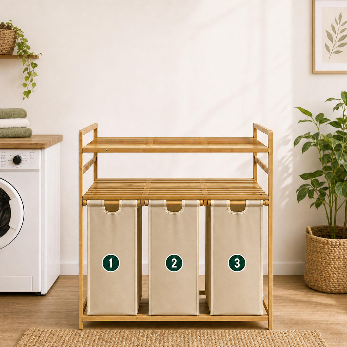 WÄSCHESAMMLER Natur Beige 3er-Set Bambus - Multicolor, Holz/Textil (78/100/41.5cm) - Relaxdays