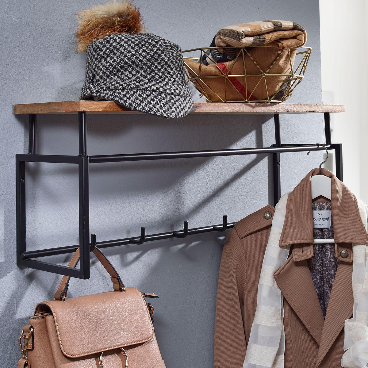 WANDGARDEROBE Mango Massivholz Metall Modern für Eingangsbereich - Braun, Holz/Metall (71/29/20cm) - KADIMA DESIGN