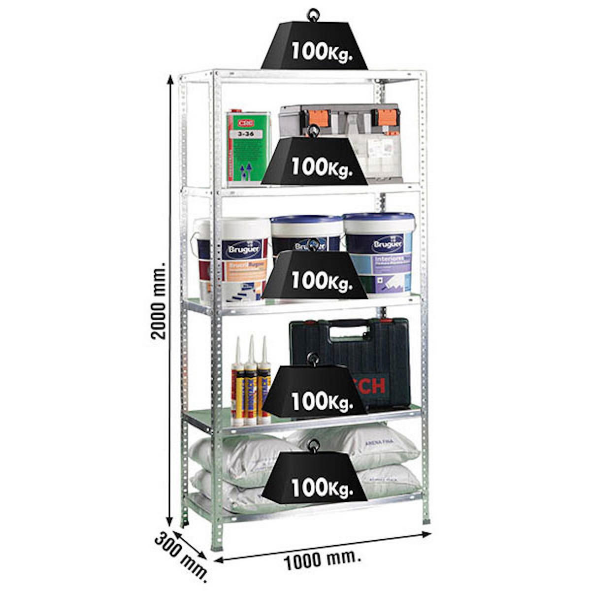 SCHRAUBREGAL PANDA TALL | HxBxT 200x100x30cm | 5 Fachböden | Fachlast 100kg | Verzinkt - Silberfarben, Metall (100/200/30cm) - PROREGAL