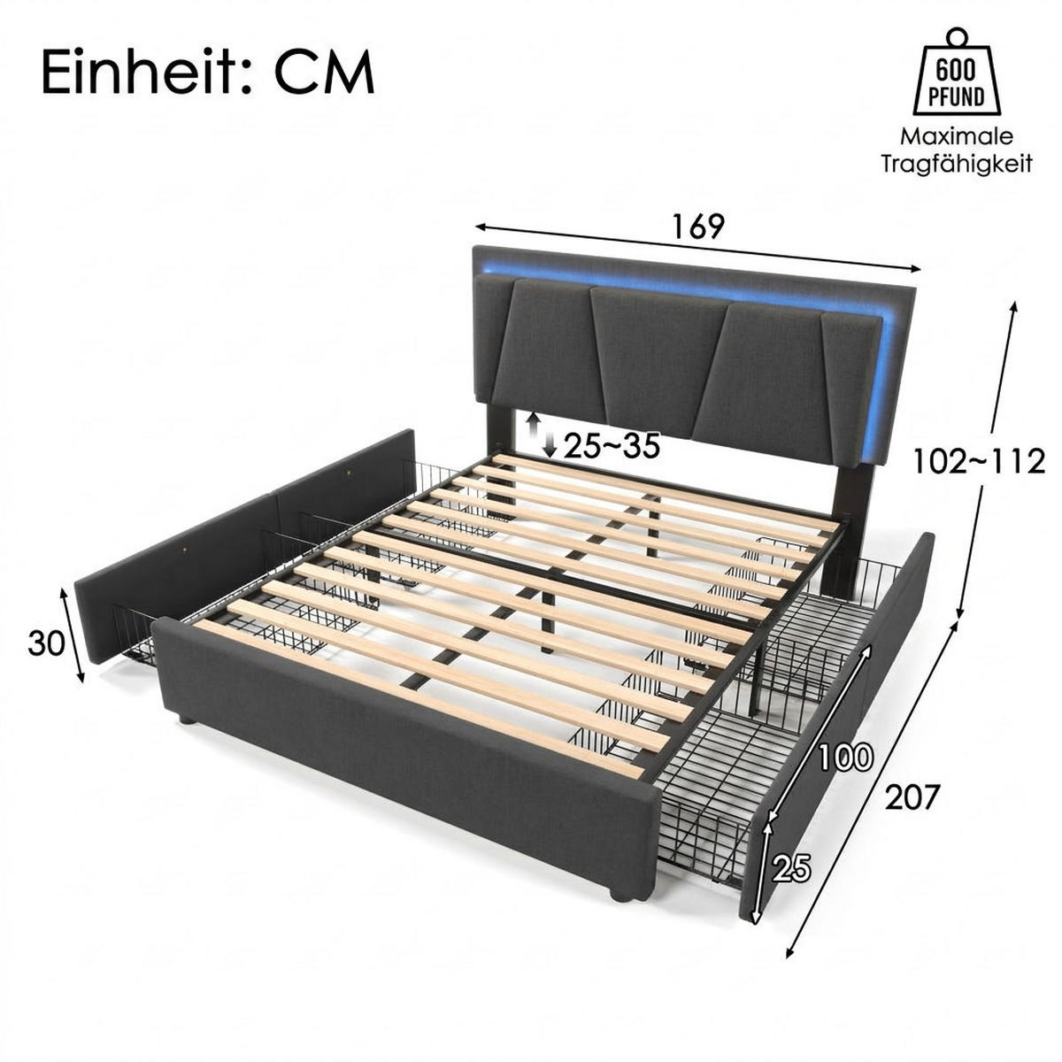 POLSTERBETT 160/200 cm Grau mit LED-Beleuchtung und 2 Schubladen - Grau, Textil (160/200cm) - Oxeza
