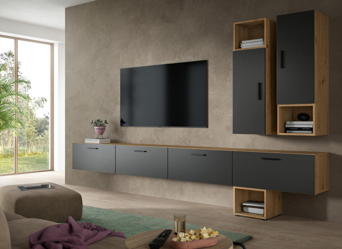 WOHNWAND grau, Eiche Artisan 300 cm, Wohnkombination hängend / stehend - Schwarz/Eiche Artisan, Holzwerkstoff/Kunststoff (300/178/34cm) - Inn.Furn