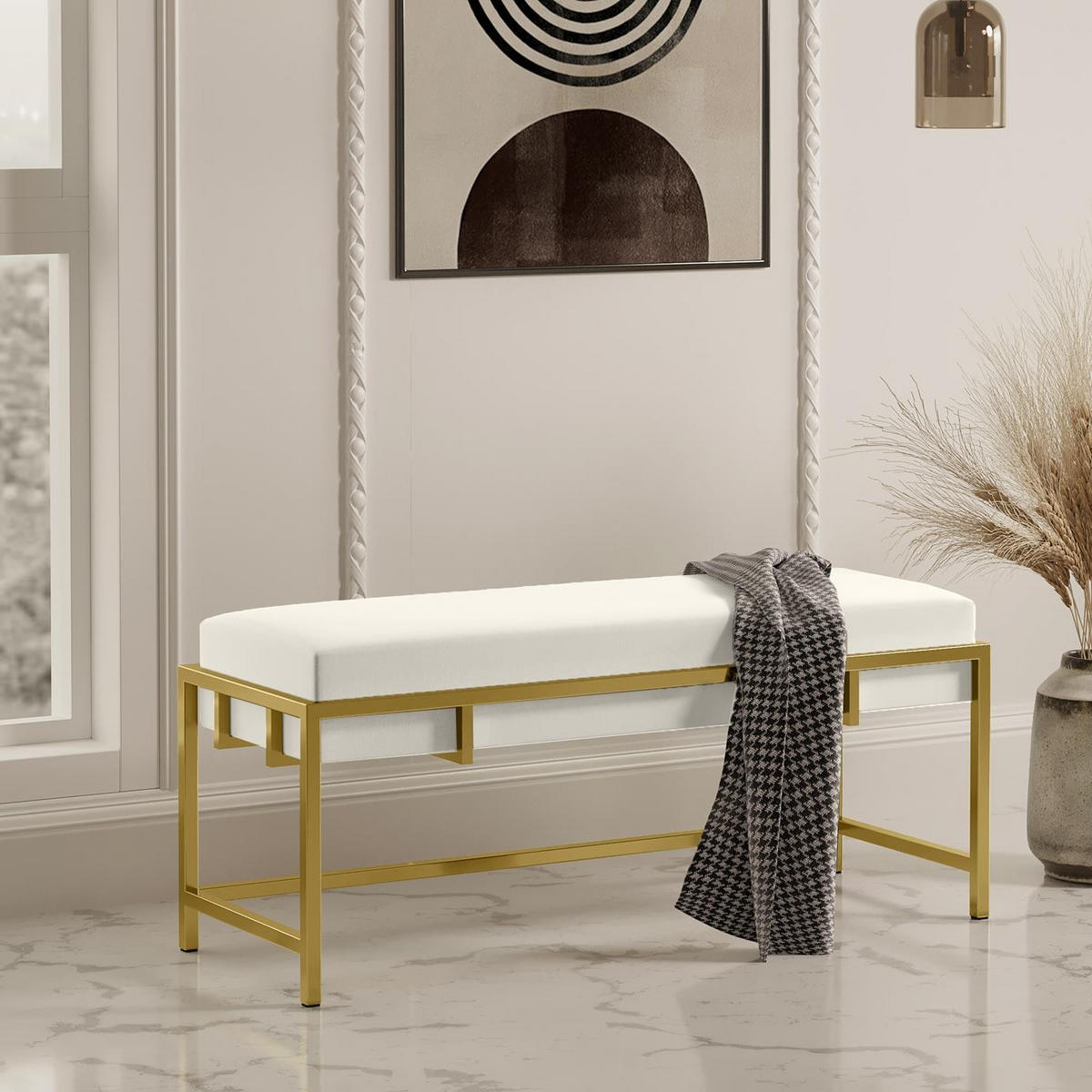POLSTERBANK LAMO 100 Hellgrau, Goldene Beine - Goldfarben/Hellgrau, Textil/Metall (100/45/35cm) - Bettso