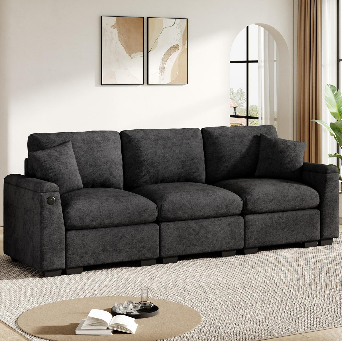 3-SITZER Sofa Chenille mit Klapptisch USB-Anschluss und Stauraum 242/80/88 cm Grau - Grau, Kunststoff/Textil (80/88/242cm) - Redom