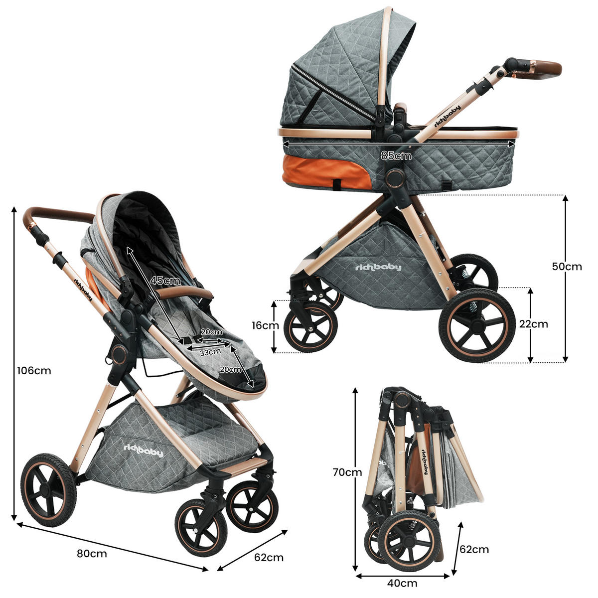 BUGGY Kombikinderwagen 2-in-1 klappbar mit wendbarem Sitz und All-Terrain Federung - Grau, Metall (80/62/106cm) - Raelunyi
