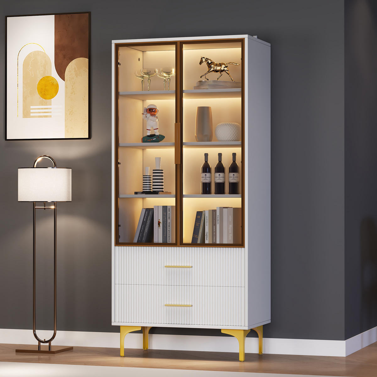 VITRINE, 2 Türen, LED-Licht, Goldbeine, Glas, 70x35x150cm - Weiß, Holzwerkstoff (35/150/70cm) - FLIEKS