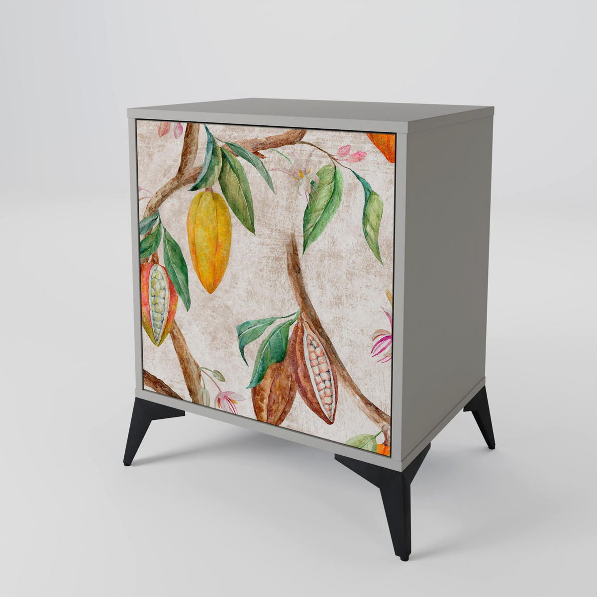 SIDEBOARD COCOA FRUITS, Grau, 57,5x42x77,5 cm, Schräge Buchenholzfüße - Buchefarben/Multicolor, Holzwerkstoff/Buchenholz (57.5/77.5/42cm) - SpaceRebels