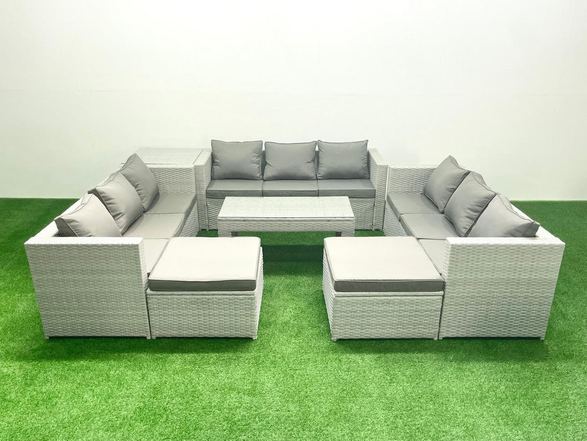 BALKONMÖBEL-SET Polyrattan Hellgrau-Mix 11-teilig - Hellgrau/Grau, Glas/Kunststoff - Fimous