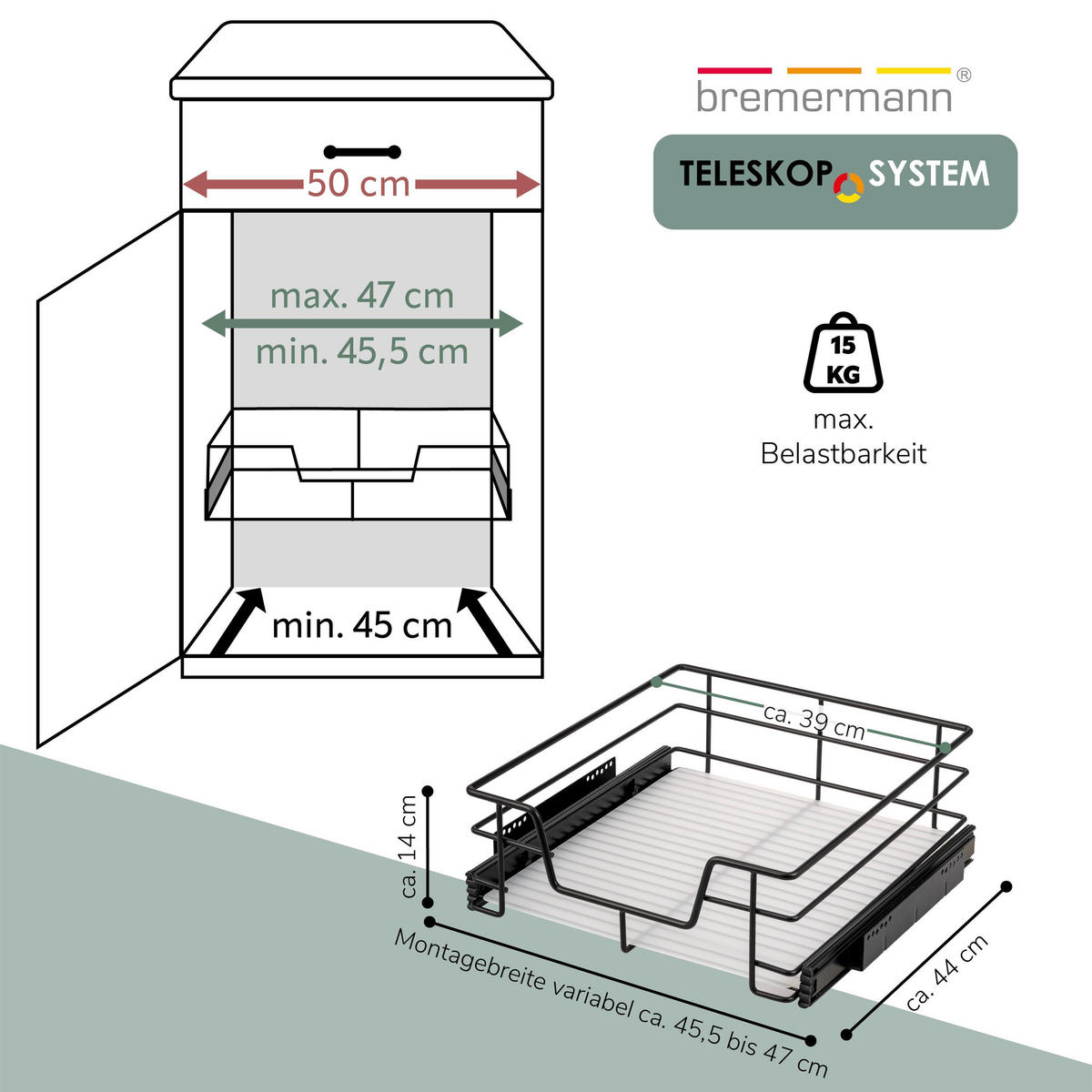 TELESKOPSCHUBLADE, schwarz, Metall - Schwarz, Metall (47/14/44cm) - bremermann