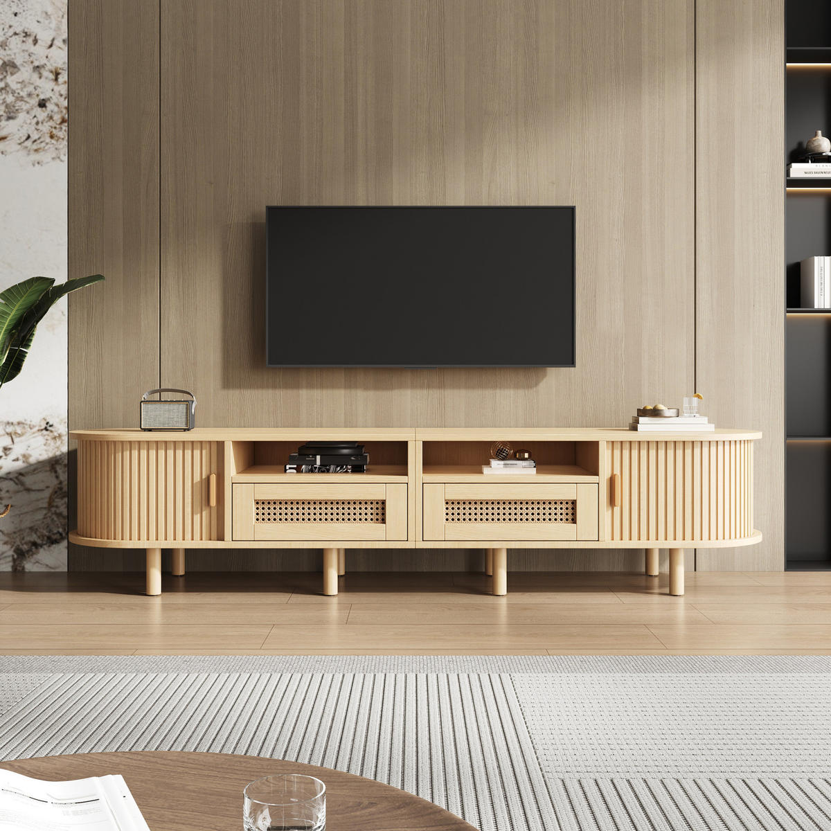 TV stolek 170/40/40 cm se 2 zásuvkami, 2 posuvnými dvířky a ratanovým dekorem, světlý dub - přírodní, kompozitní dřevo (170/40/40cm) - Redom