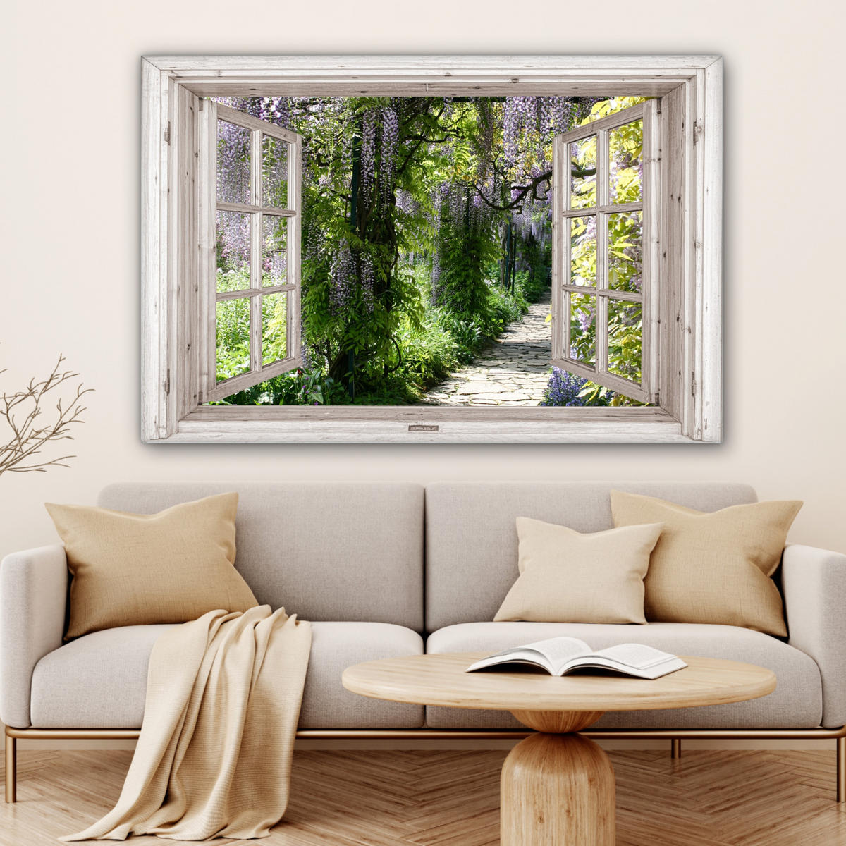 LEINWANDBILD Blauer Regen - Blumen - Aussicht - Baum - Frühling Wohnzimmer Groß 120x80 cm - Grün, Textil (120/80cm) - MuchoWow