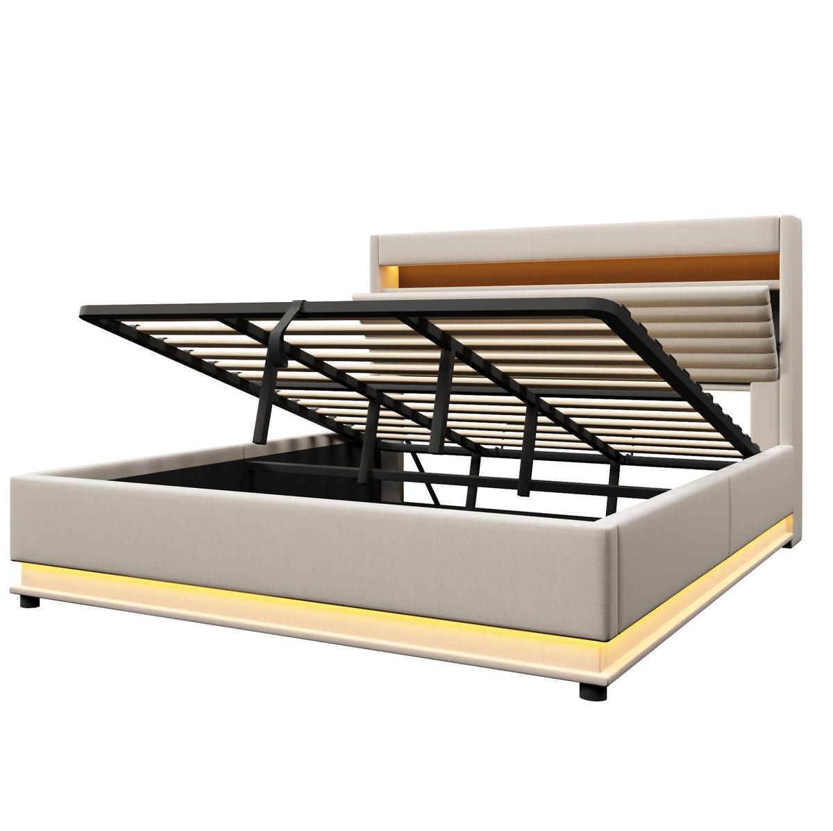 POLSTERBETT 180/200 cm mit LED-Beleuchtung, USB- und Typ-C-Anschluss, hydraulischem Stauraum und Kopfteilfach, Beige - Beige, Textil (180/200cm) - Redom