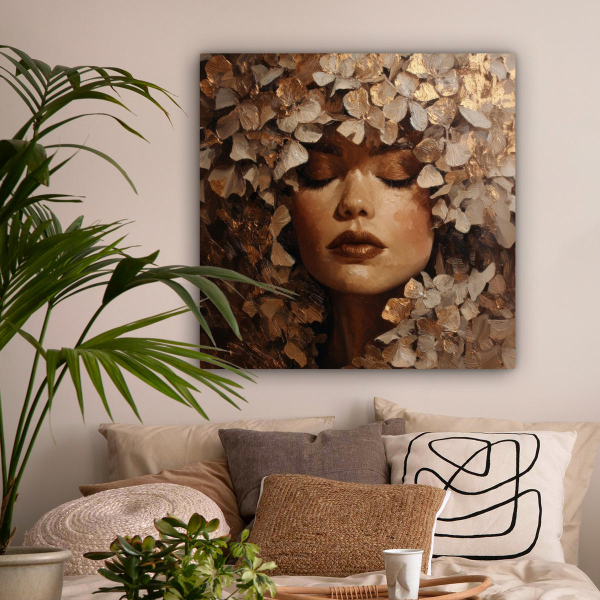 LEINWANDBILD Gesicht - Dame - Blätter - Pinselstriche Deko Groß 90x90 cm - Goldfarben, Textil (90/90cm) - MuchoWow