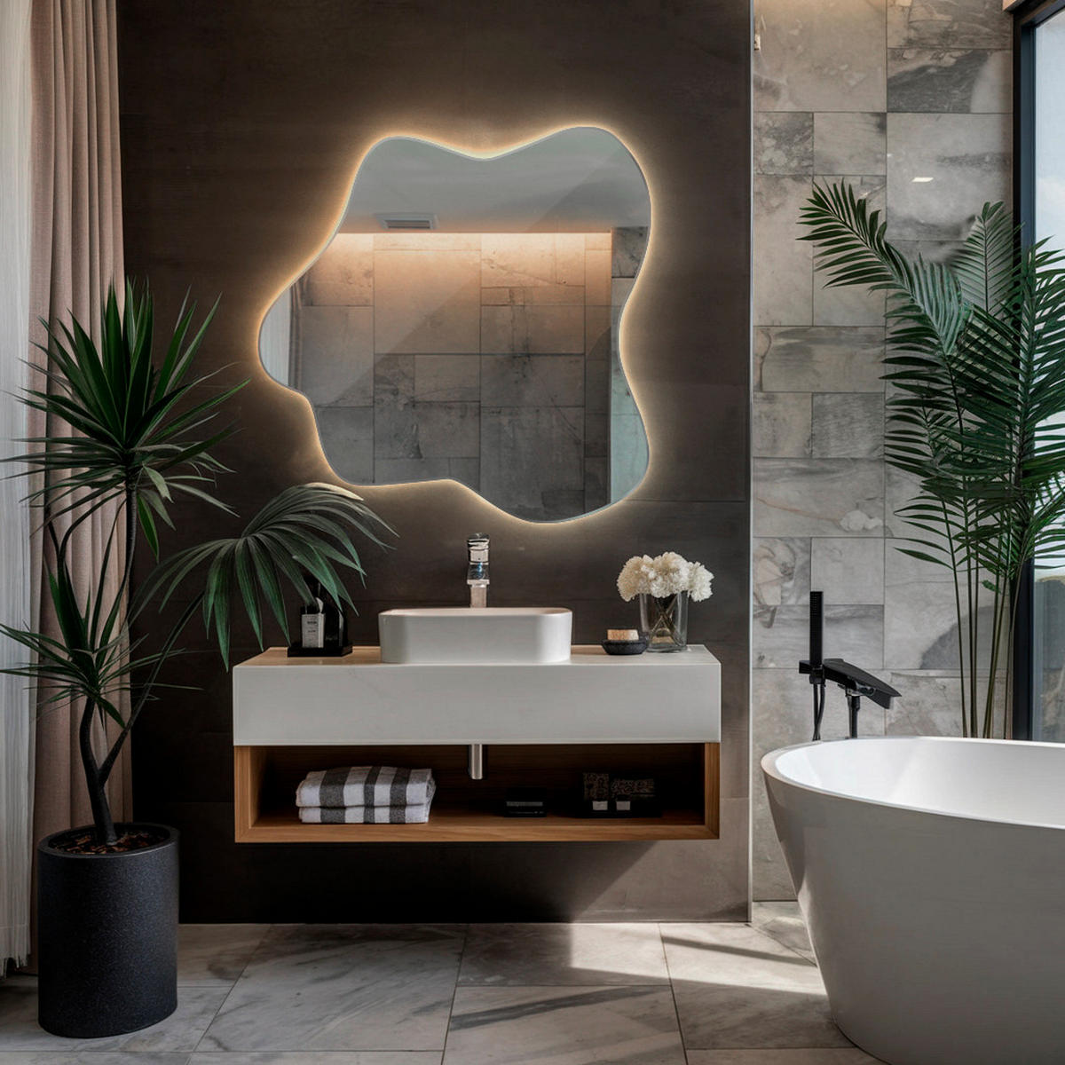 LED SPIEGEL 77,3 x 76,6 cm Unregelmäßige Form Neutralweiß 4000K - Transparent, Glas (77.3/77.3/0.4cm) - TULUP