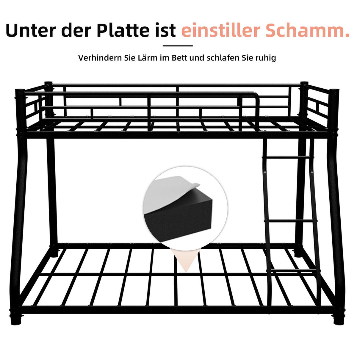 ETAGENBETT 140/200 cm aus Metall mit Leiter, erhöhtem Geländer und geräuscharmen Latten, Schwarz - Schwarz, Metall (140/200cm) - Redom