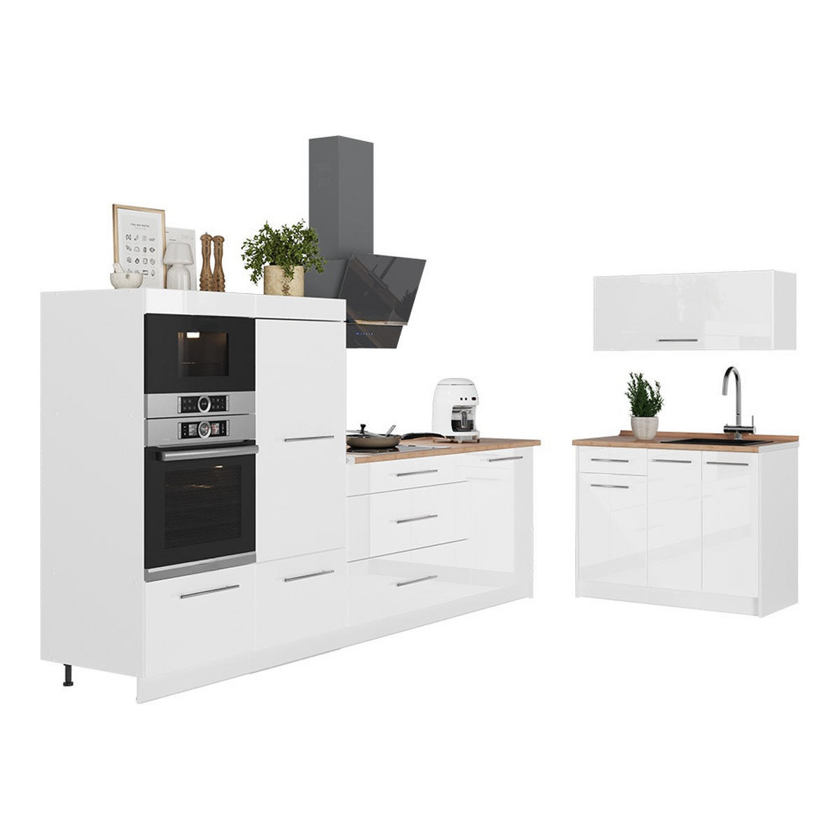 KÜCHENZEILE Fame-Line, Weiß Hochglanz/Weiß, 380 cm ohne Arbeitsplatte - Weiß Hochglanz/Weiß, Holzwerkstoff (380/153.6/51.6cm) - Vicco