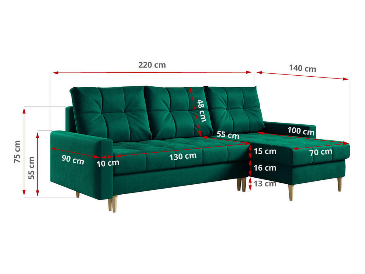 ECKSOFA Astra Dunkelgrün Velvet - Dunkelgrün/Braun, Holz/Textil (220/140cm) - MKS