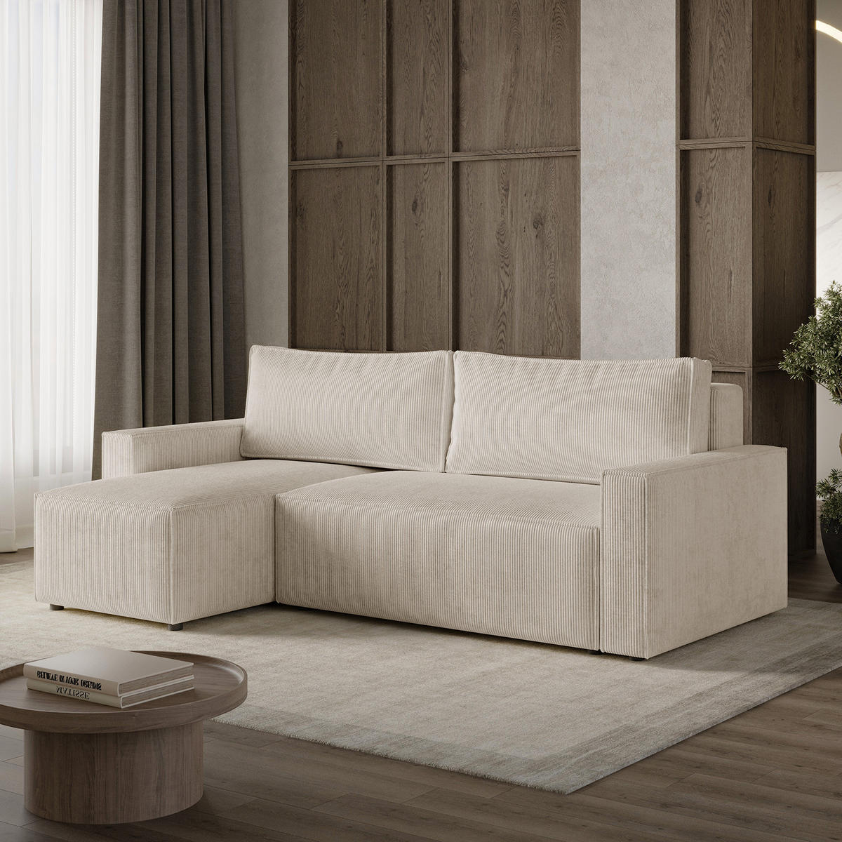 ECKSOFA LIVIO S mit Schlaffunktion, universell montierbar - POSO 100 - Beige, Holz (230/142cm) - Dekori_Interiors