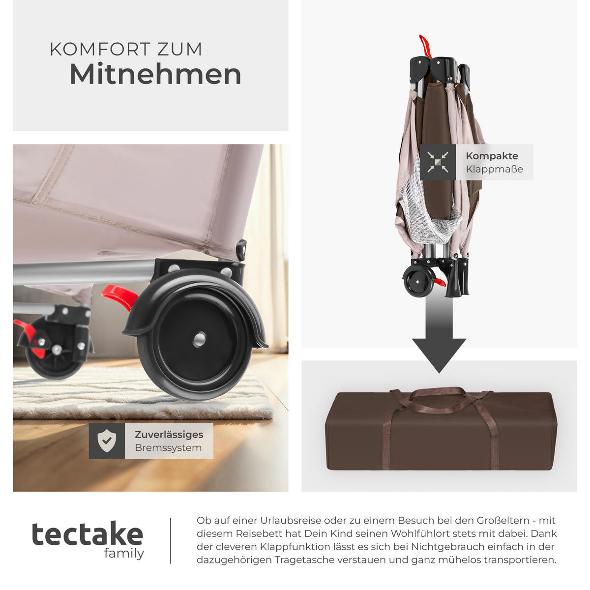 KINDER REISEBETT Hund,inklusive Tragetasche, 132 x 75 x 104 cm,braun - Braun, Kunststoff (75/104/132cm) - tectake