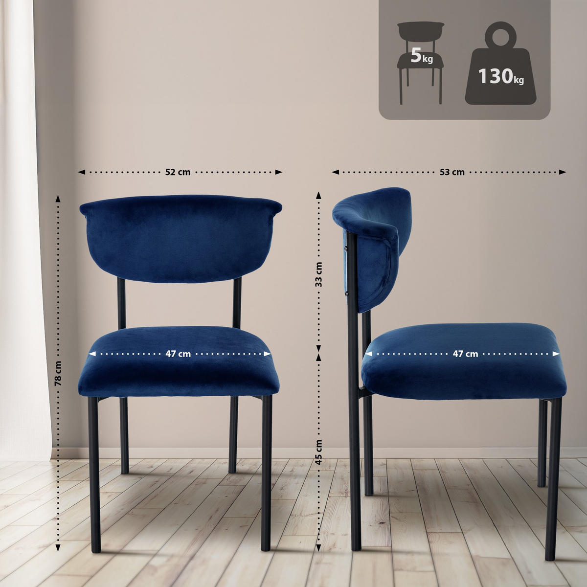 STUHL Samt Dunkelblau - Dunkelblau, Textil/Metall (52/78/53cm) - CLP