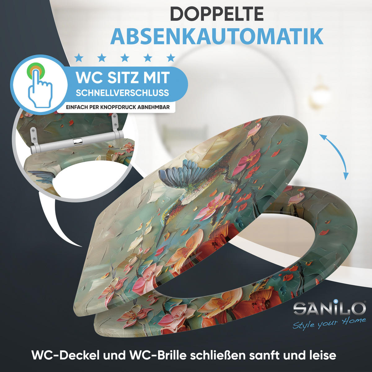WC-SITZ mit Absenkautomatik & Top Fix Petalo - Blau/Altrosa, Holzwerkstoff (37.7/5/48cm) - Sanilo