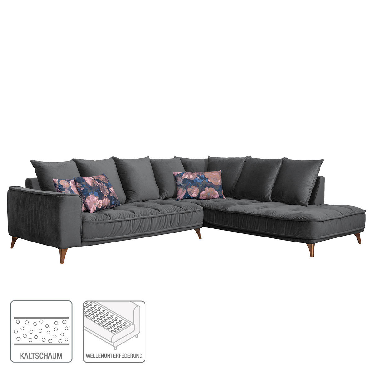 ECKSOFA mit Ottomane - Samt - Schwarz, Textil/Metall (288/245cm) - home24