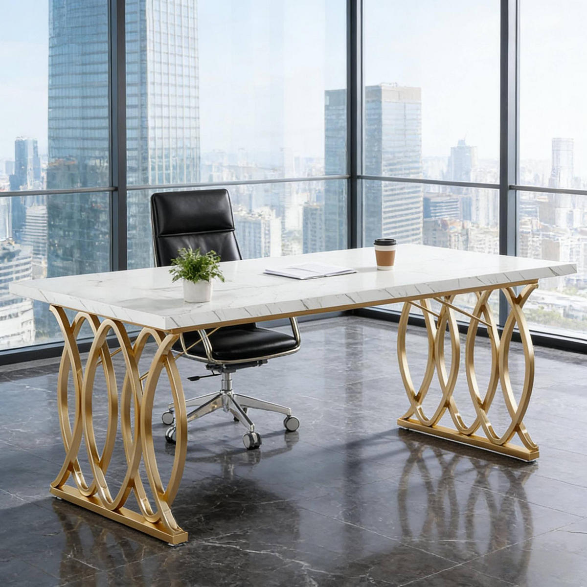 SCHREIBTISCH 160 x 80 cm Marmoroptik Weiß Gold - Weiß, Metall (160/80/75cm) - Meubliv