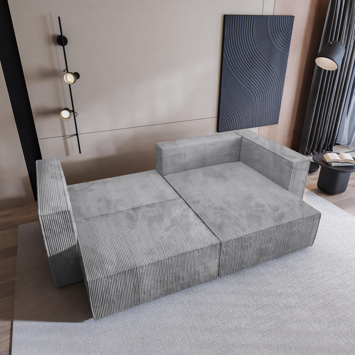 ECKSOFA NERIO P Hellgrau Kordstoff mit Schlaffunktion - Hellgrau, Holz (245/148cm) - MASSENO