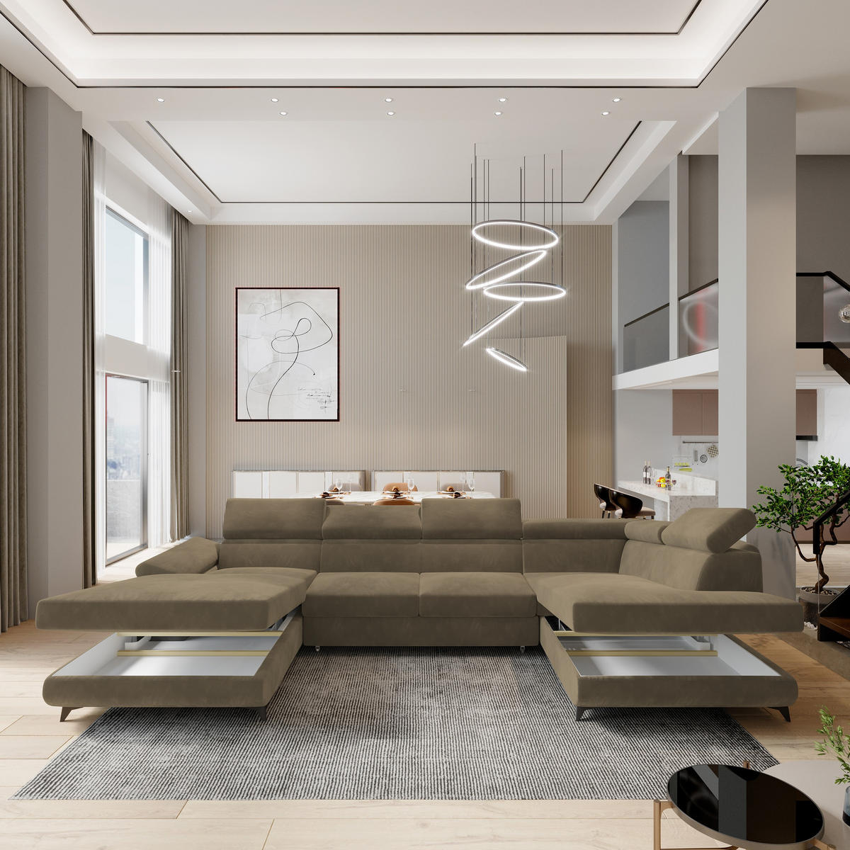 WOHNLANDSCHAFT RUBANO R-S Beige Velours-Stoff mit Schlaffunktion - Beige, Holz (339/89/190cm) - MASSENO