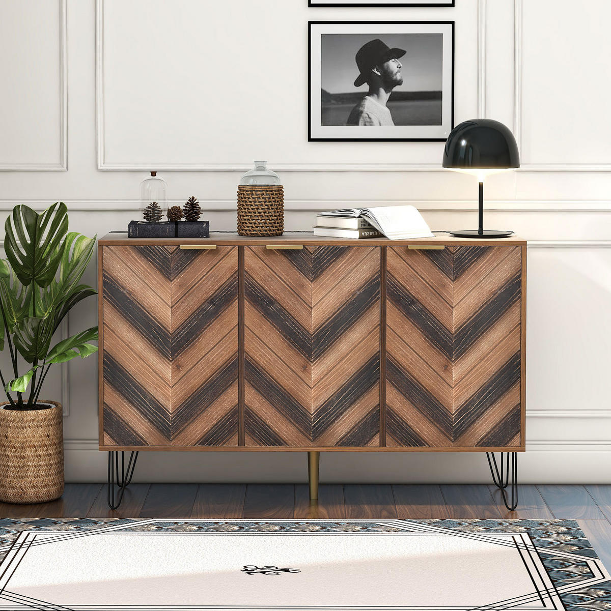 SIDEBOARD 120/38/76,5 cm mit 3 Türen in Naturfarbe und goldfarbenen Griffen - Naturfarben, Holzwerkstoff (120/76.5/38cm) - BEAOK