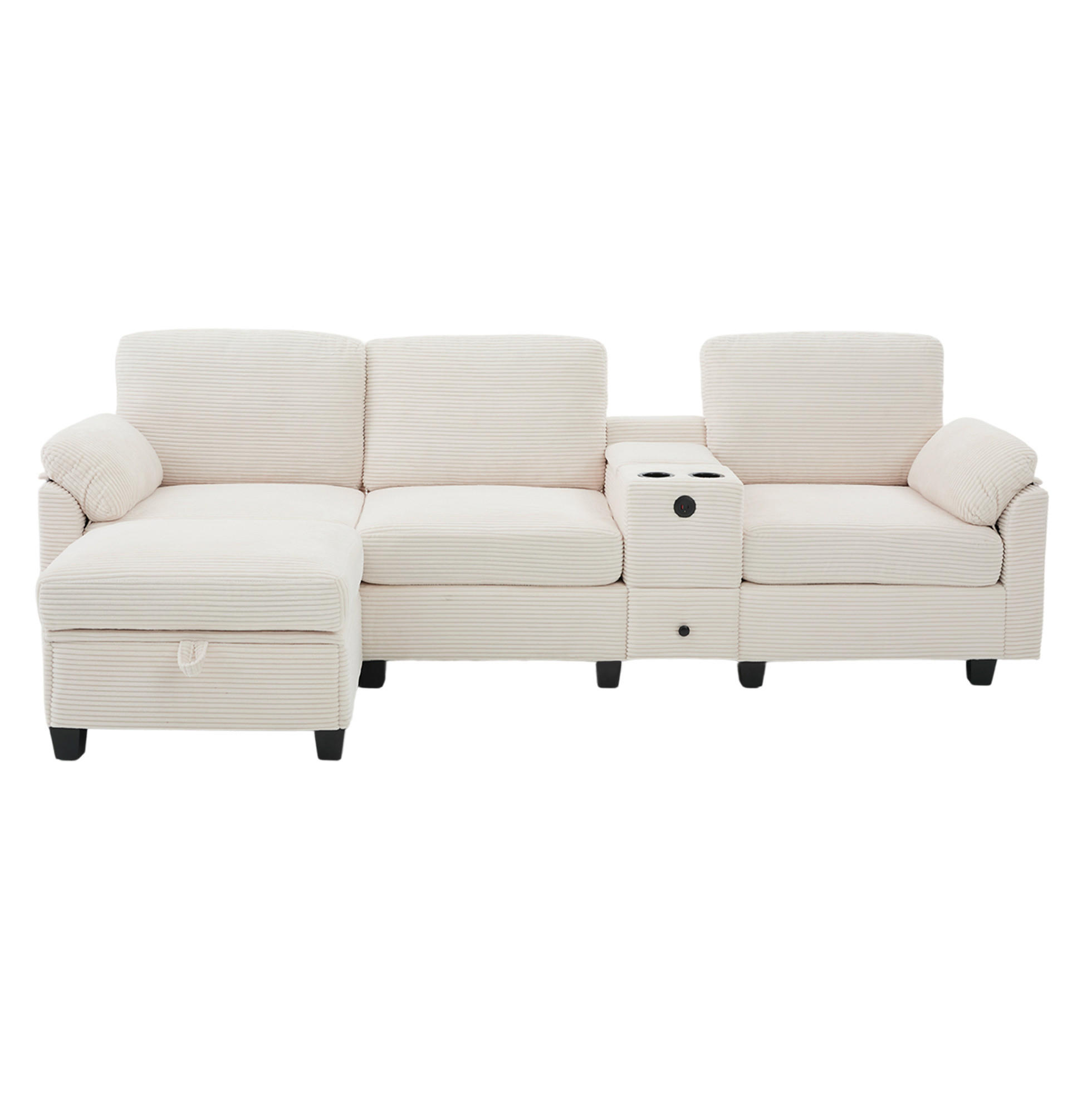 ECKSOFA aus Cord 266x136x82 cm Beige mit USB-C, verschiebbarer Mittelkonsole und Stauraumhocker - Beige, Textil (136/266cm) - Modfu