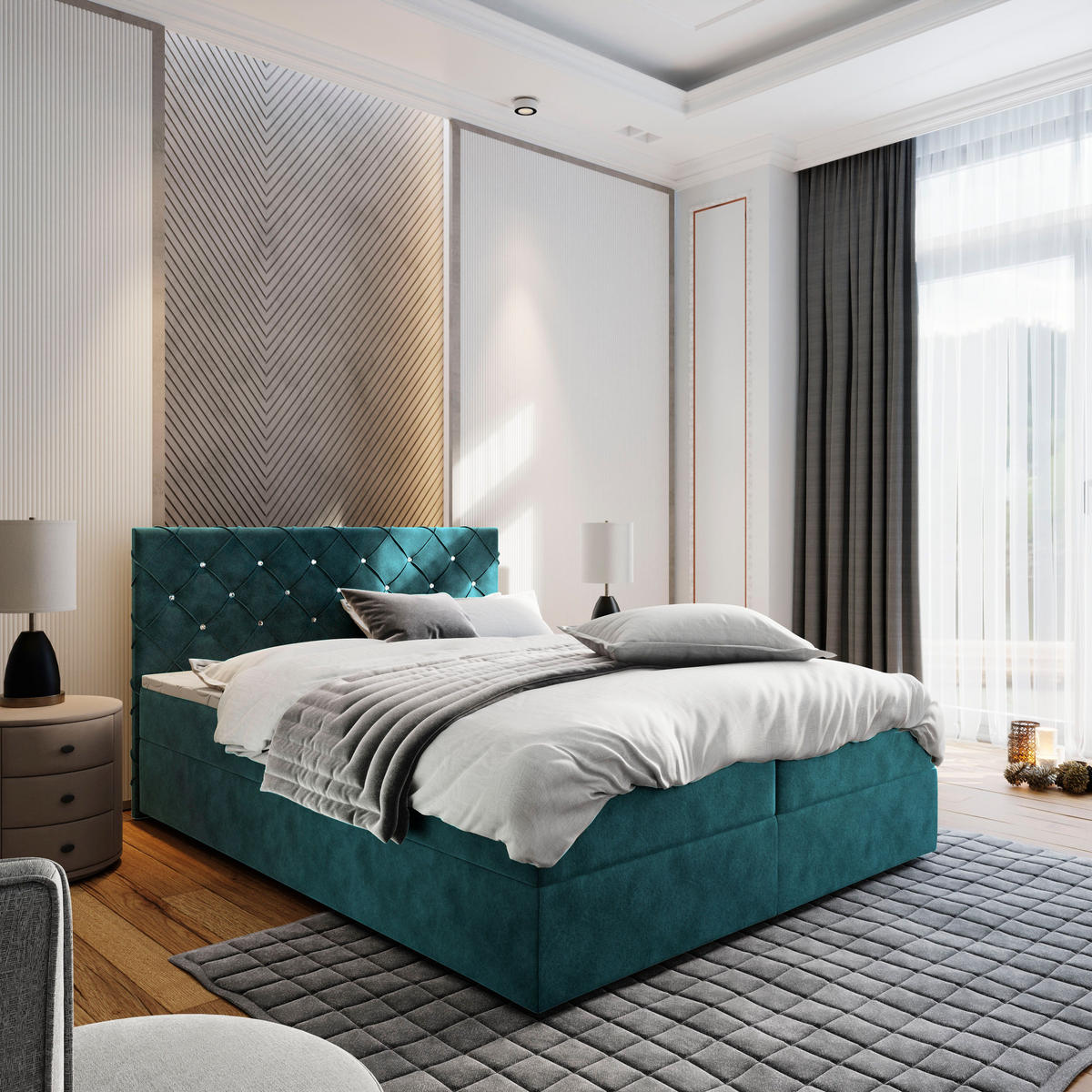 POSTEL BOXSPRING RIVA 140x200 cm, s matrací a úložným prostorem, petrolejová - petrolejová, kompozitní dřevo/textil (140/200cm) - MASSENO