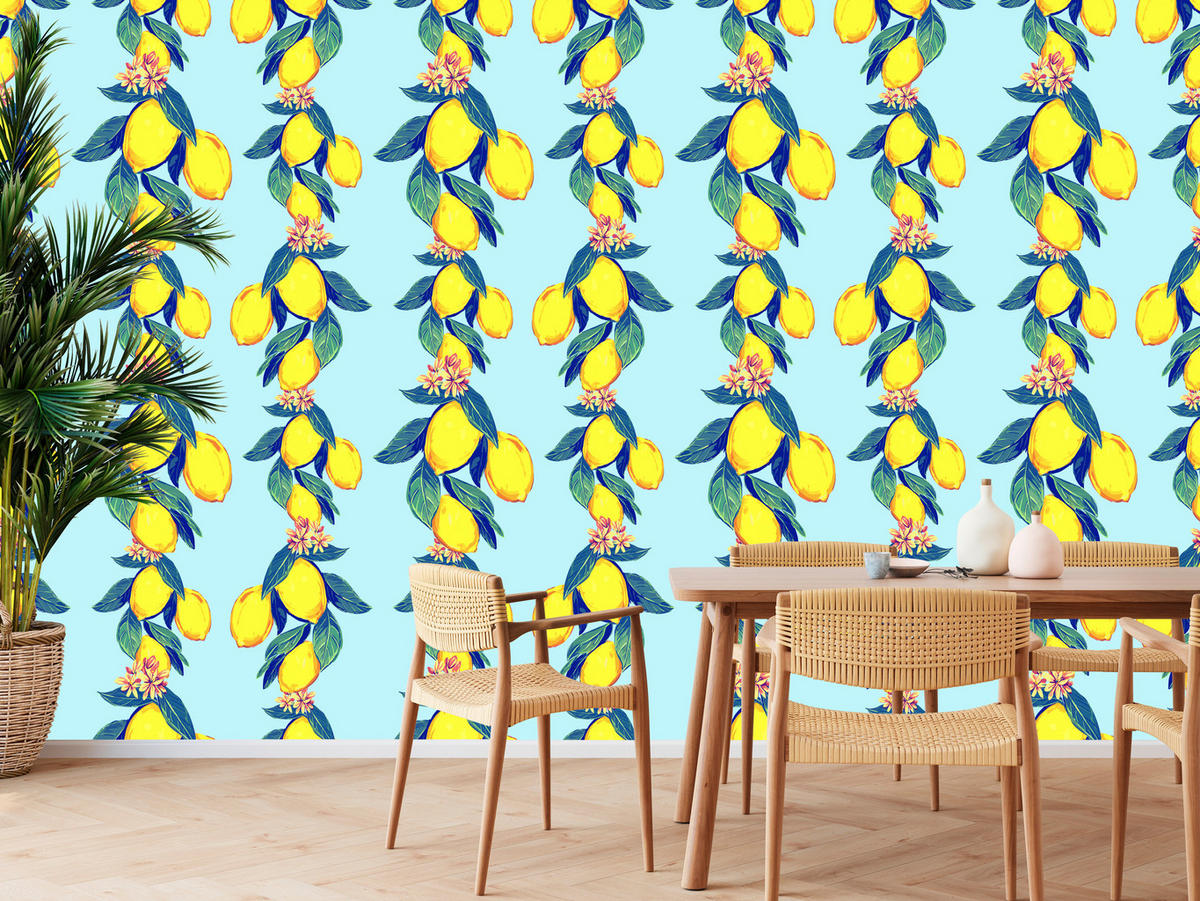 VLIESTAPETE Zitronen und Blüten – Gelb, Blau, Hellblau – 50x1000 cm - Blau/Gelb, Papier (50/1000cm) - Muralo