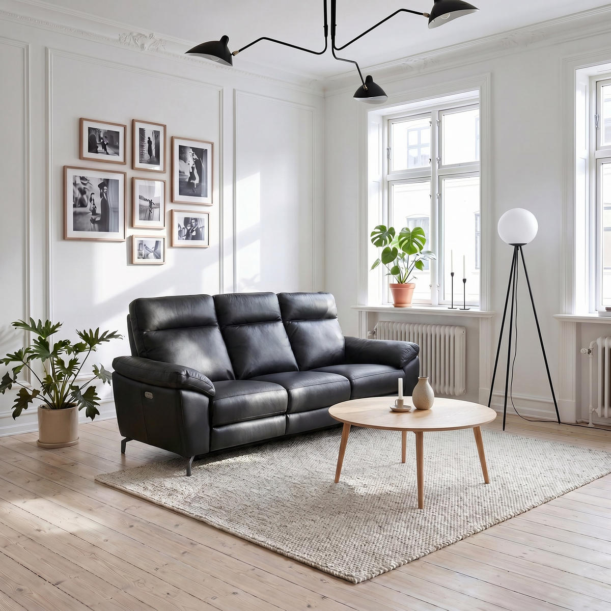 DREISITZER-SOFA Echtleder Schwarz - Schwarz, Leder/Metall (222/101/96cm) - Furnhouse