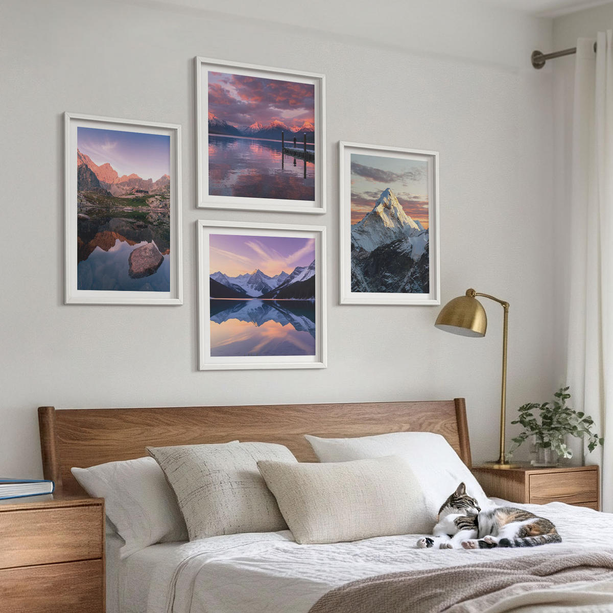 BILDER SET 4er Set - 50x50 cm & 40x60 cm Weißer Rahmen - Berglandschaften im Hintergrund - Weiß, Kunststoff (50/50cm) - TULUP
