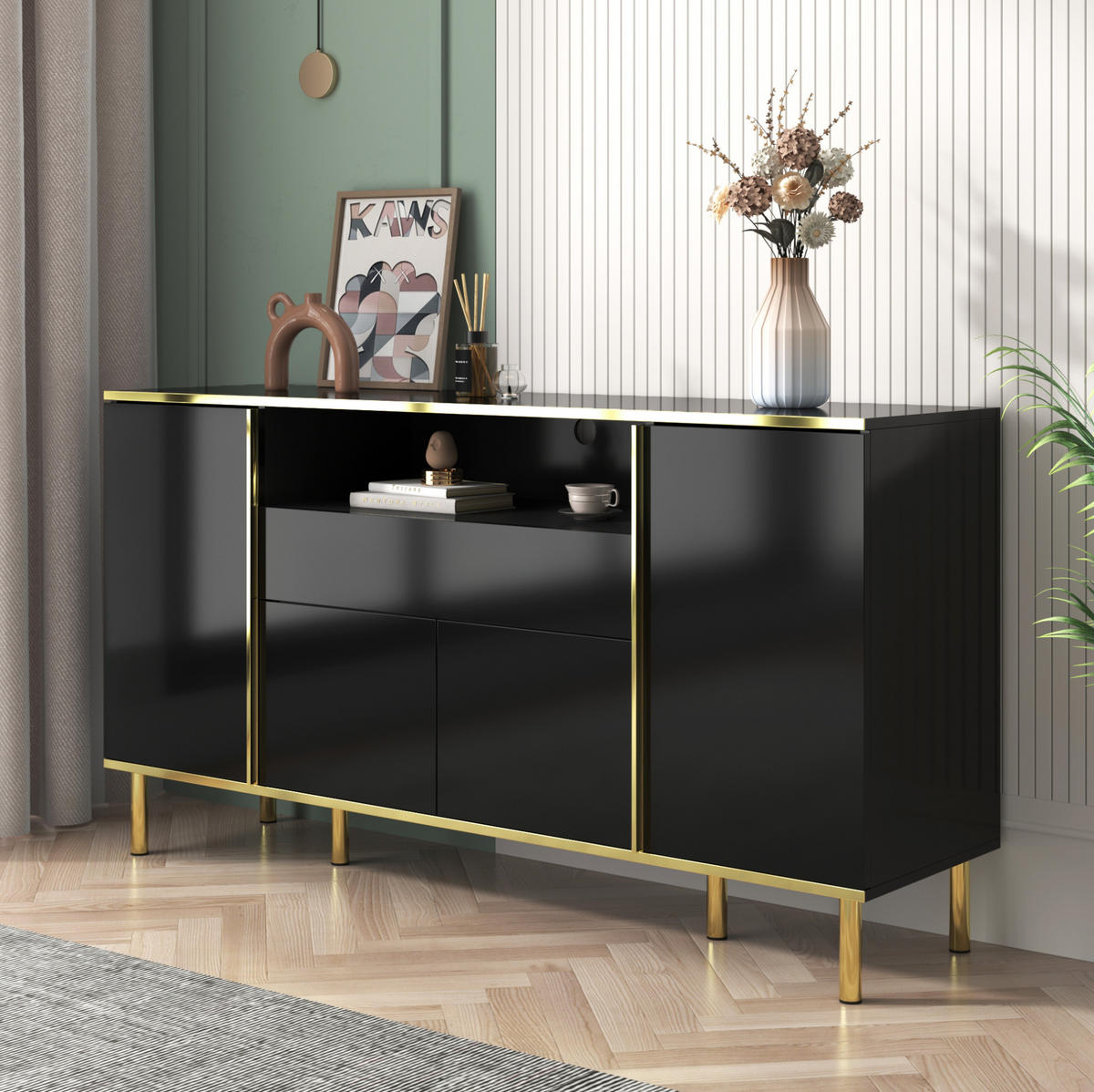 SIDEBOARD 150/40/80 cm in Schwarz Hochglanz mit 4 Türen, Schublade und LED - Schwarz, Holzwerkstoff (150/80/40cm) - Flora Grace