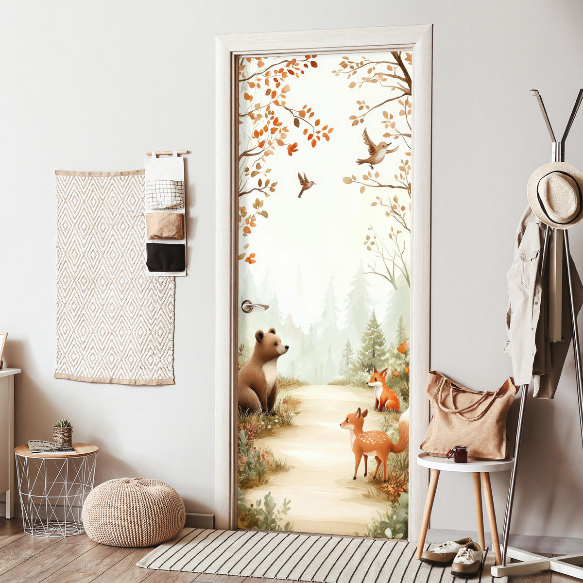 FOTOTAPETE Tür - Wald - Herbst - Waldtiere - Bär - Fuchs 95x235 cm - Kastanienfarben, Kunststoff (95/0.1cm) - MuchoWow