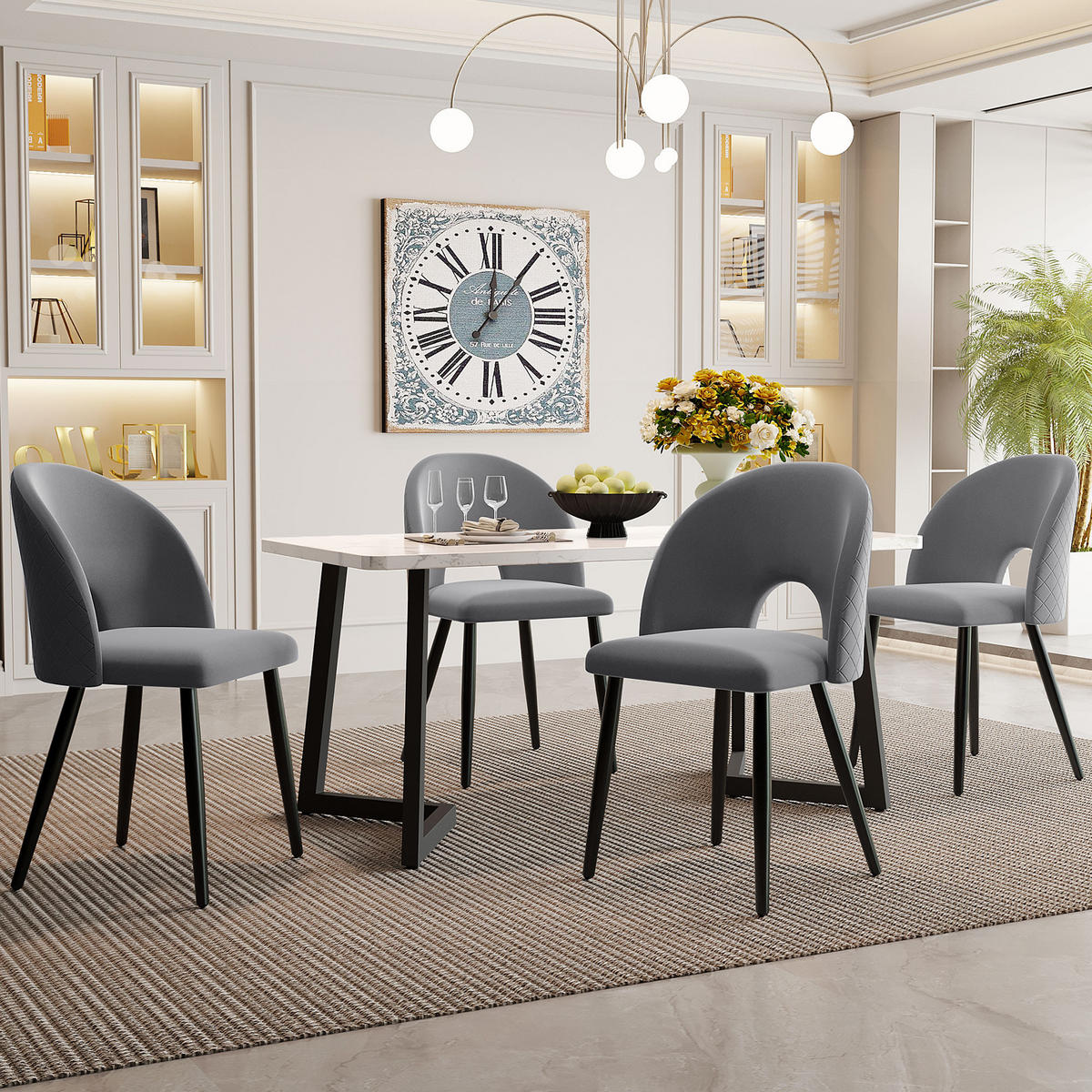 ESSGRUPPE Esstisch 4 Stühle Samt Grau Schwarz 117x68cm - Grau, Textil (117/75/68cm) - FLIEKS