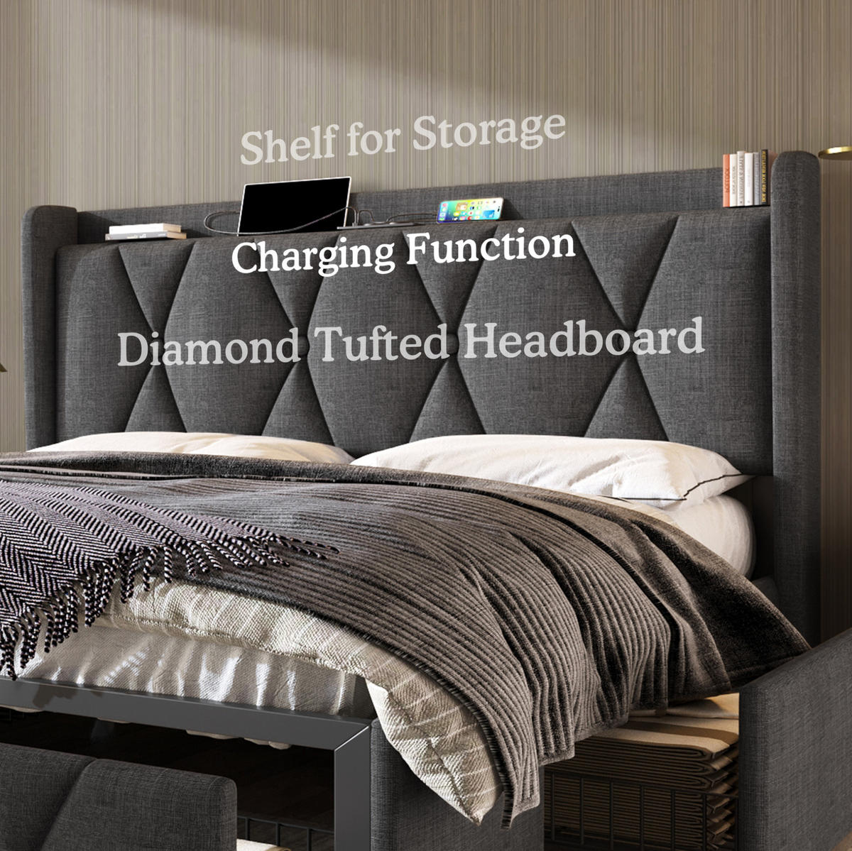 POLSTERBETT 140/200 cm Grau aus Leinen mit USB und 4 Schubladen - Grau, Textil (140/200cm) - OKMYHOME