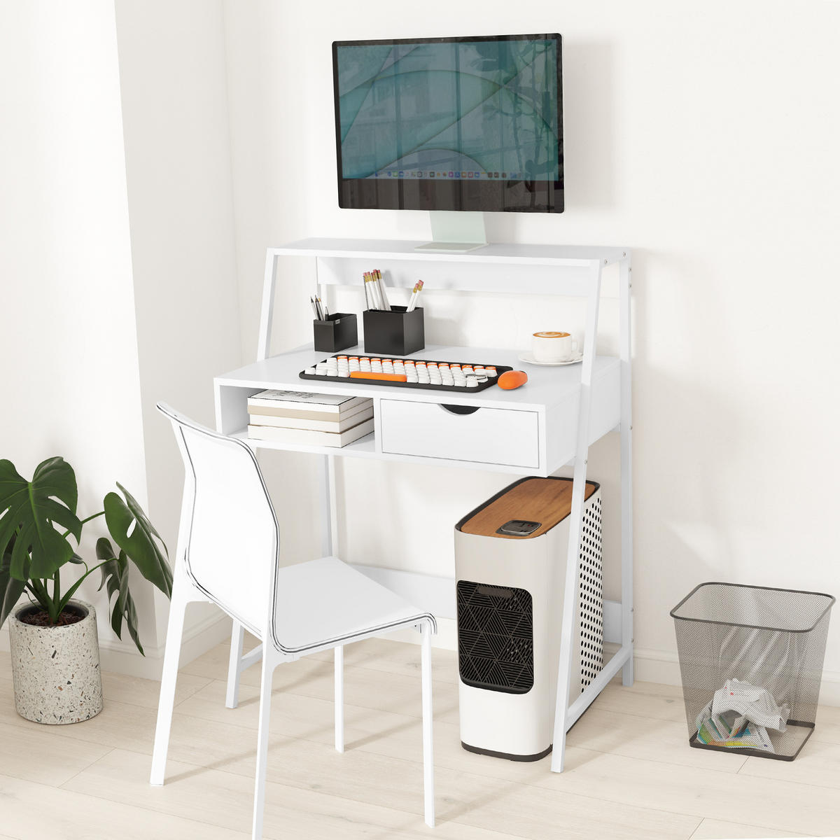 SEKRETÄR SCHREIBTISCH Weiß mit Schublade und Regal 80/50/100 cm - Weiß, Holzwerkstoff (50/80/100cm) - PANGIVO