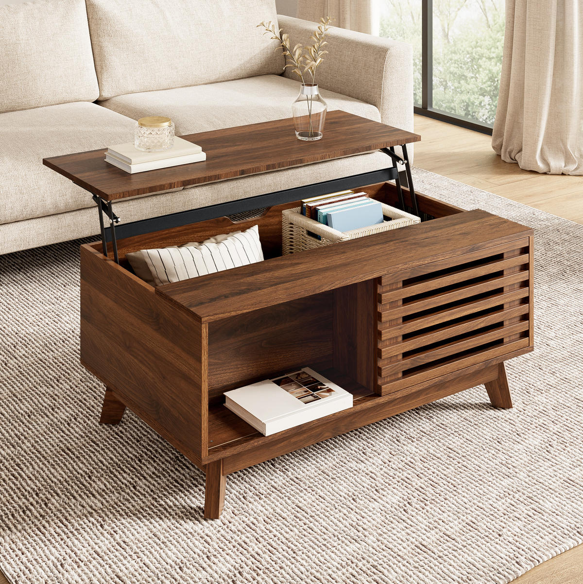 COUCHTISCH aus MDF 90x55x57,5 cm in Walnuss-Optik mit höhenverstellbarer Tischplatte und Stauraum - Nussbaumfarben, Holzwerkstoff (90/55/57.5cm) - IVMEU