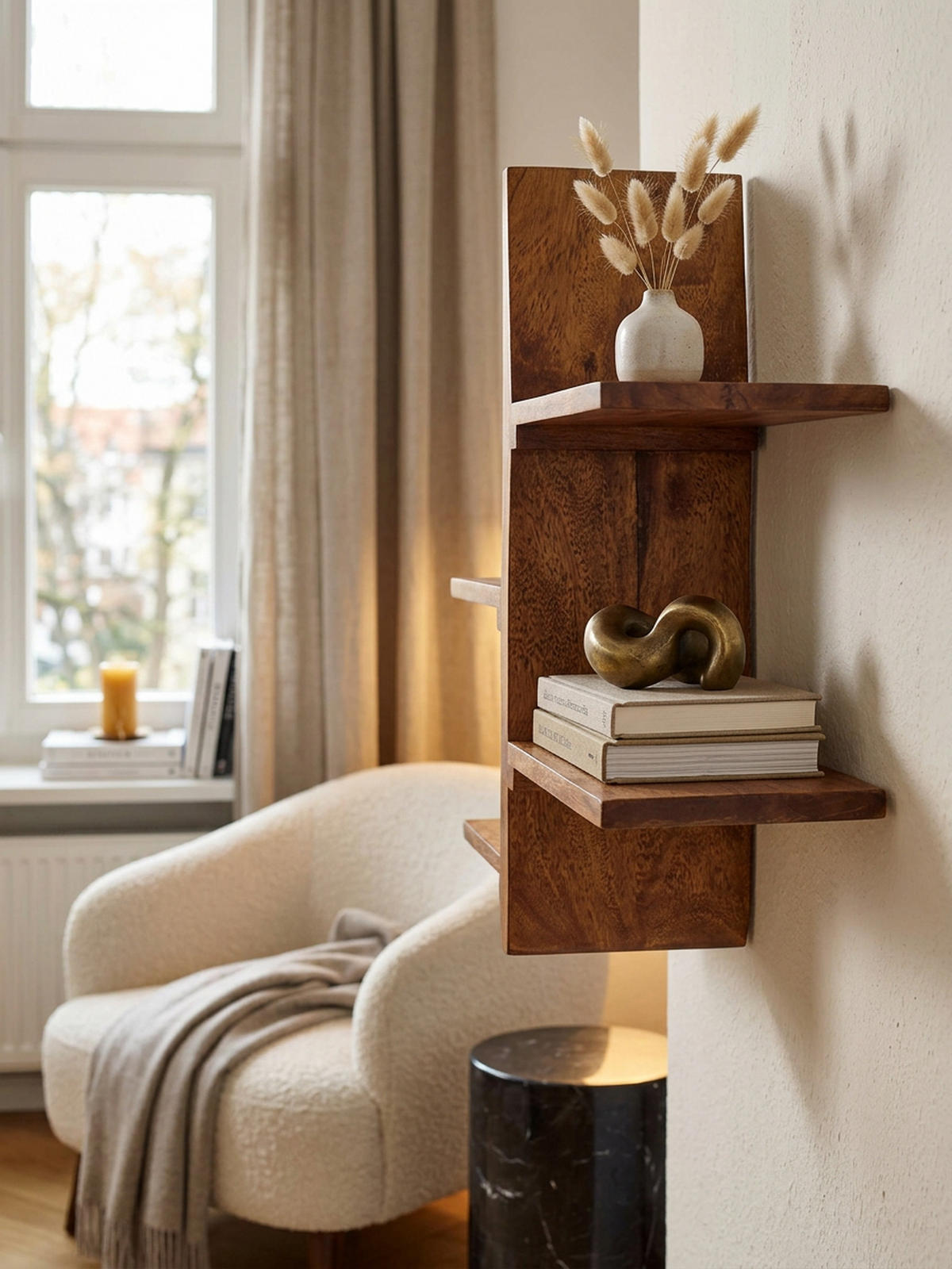 WANDREGAL Massivholz Baumform 58x60x15 cm mit 4 Ablagen - Braun, Holz (58/60/15cm) - KADIMA DESIGN