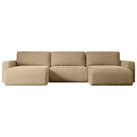 WOHNLANDSCHAFT mit Schlaffunktion und Bettkasten KLEEA-U - 347x143x83 cm Beige Velours - Beige/Schwarz, Holzwerkstoff/Kunststoff (347/83/143cm) - ALTDECOR