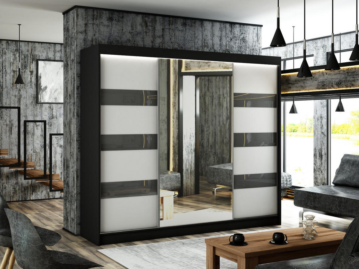 KLEIDERSCHRANK mit Spiegel und Schiebetüren LOSTE - 250 cm Schwarz|Grau - Schwarz/Grau, Holzwerkstoff (250/215/61cm) - ALTDECOR