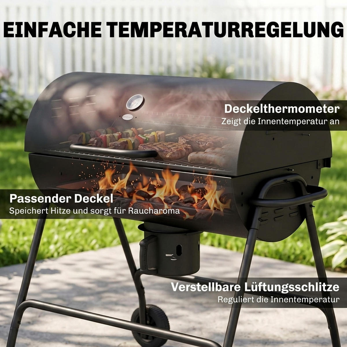 HOLZKOHLEGRILL Schwarz 95.0/71.5/102.0 cm - Schwarz, Metall (71.5/102/95cm)