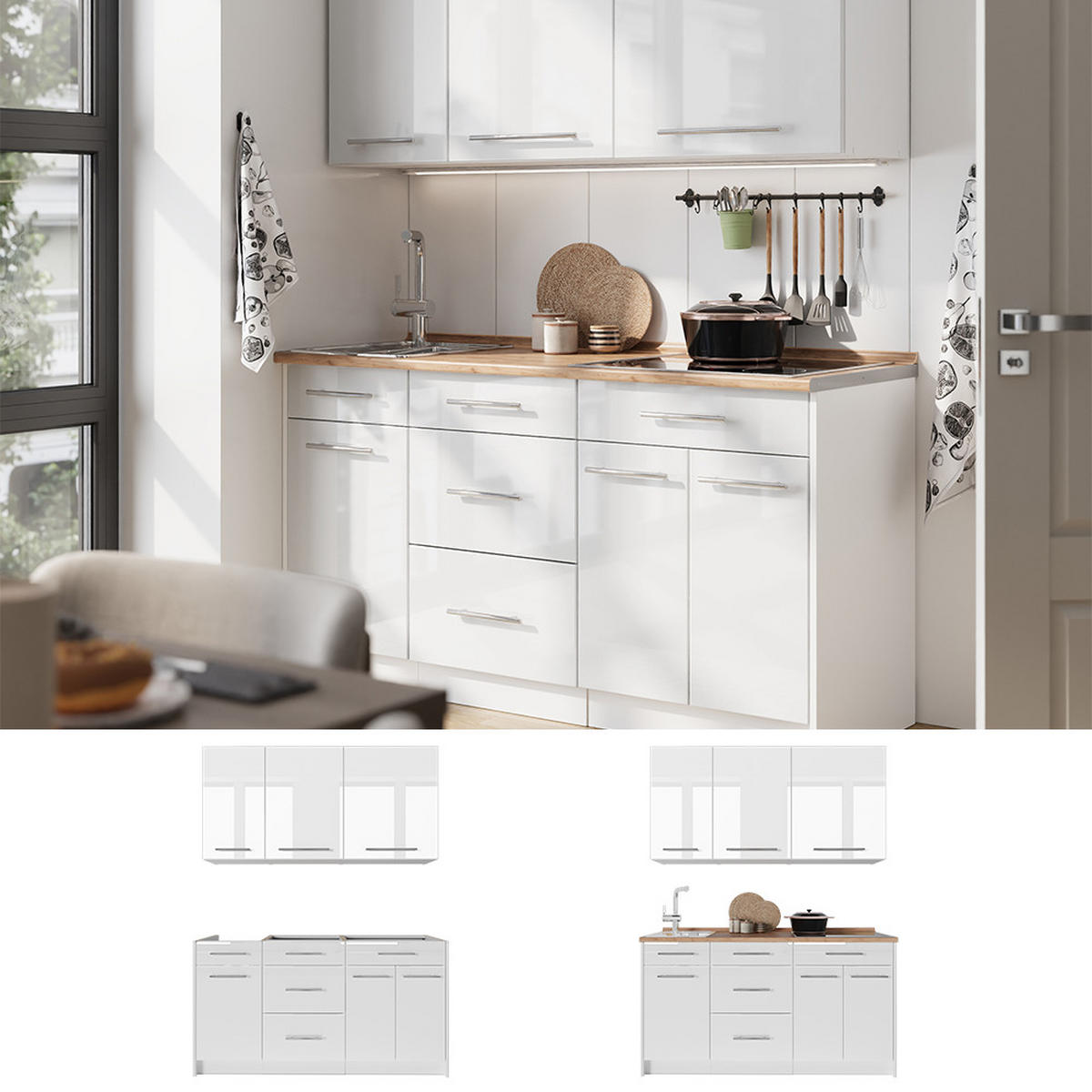 SINGLEKÜCHE Fame-Line, Weiß Hochglanz/Weiß, 150 cm ohne Arbeitsplatte - Weiß Hochglanz/Weiß, Holzwerkstoff (150/82/51.6cm) - Vicco